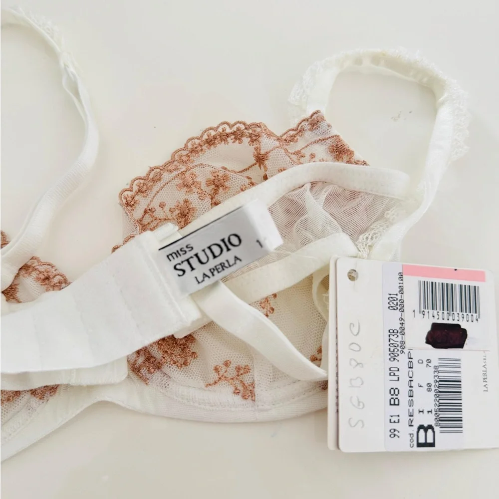 La Perla White and Brown Floral Lace Bra